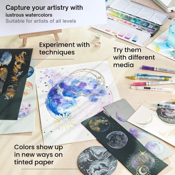 Metallic Watercolor Paint Set 24 Colors, Shimmering Watercolors in Half Pans wit - Picture 6 of 8